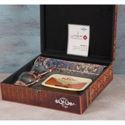 باکس چوبی مهر آیین(ترمه+فنجان مس+4لوز کوچک)